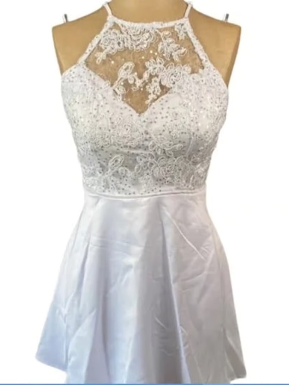 CRYSTAL DOLL White Sequined mini Dress halter neck satiny skirt detail  - womens